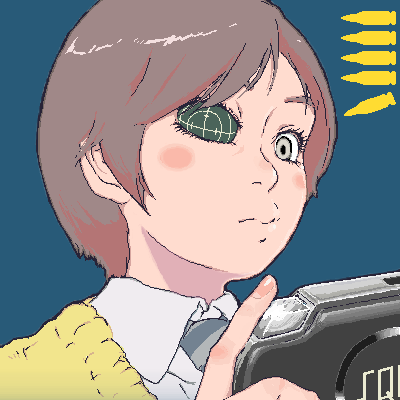 1girl, androgynous, artificial_eye, brown_hair, bullet, crosshair, crosshair_pupils, female_focus