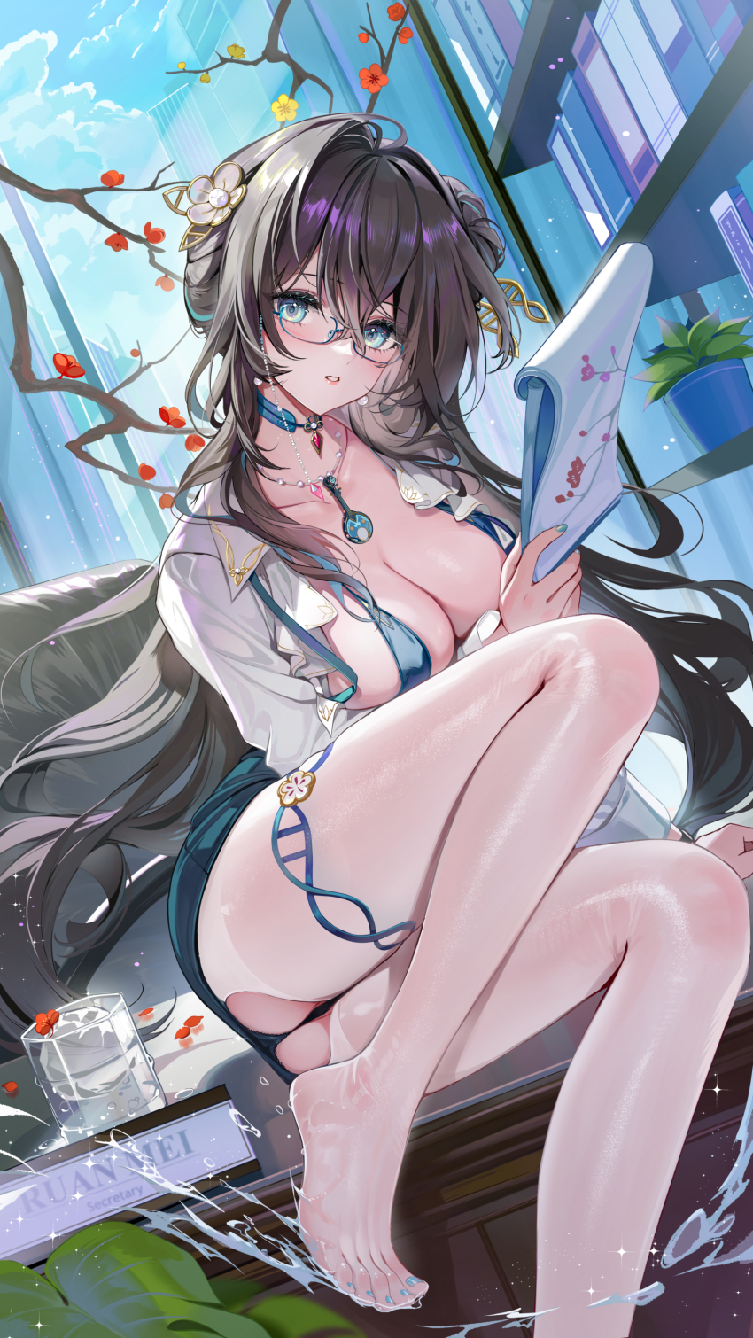 1girl, absurdres, akizero1510, alternate_costume, ass, ass_cutout, bikini, bikini_top_only, bikini_under_clothes, black_hair, black_panties, blue_bikini, blue_choker, blue_eyes, breasts, brown_pantyhose, choker, cleavage, clothing_cutout, collared_shirt, dutch_angle, feet, fine_fabric_emphasis, glasses, green_skirt, hair_ornament, half_updo, highres, holding, honkai:_star_rail, honkai_(series), jewelry, knees_up, lace, lace-trimmed_panties, lace_trim, large_breasts, legs, long_hair, long_sleeves, looking_at_viewer, miniskirt, multicolored_hair, nail_polish, necklace, no_shoes, notebook, office_lady, open_clothes, open_mouth, open_shirt, panties, pantyhose, pencil_skirt, ruan, ruan_mei_(honkai:_star_rail), semi-rimless_eyewear, shirt, sitting, skindentation, skirt, solo, streaked_hair, string_bikini, swimsuit, thighlet, thighs, toenail_polish, toenails, toes, underwear, very_long_hair, water, wet, white_pantyhose, white_shirt, yokozuwari