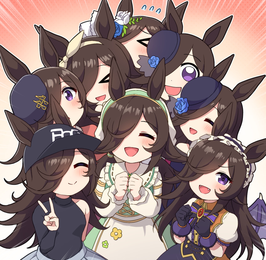 >_<, 6+girls, :d, ^_^, animal_ears, apron, baseball_cap, black_gloves