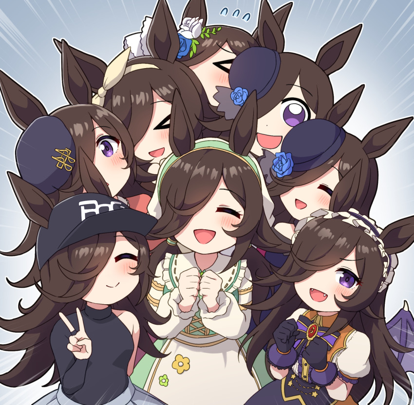 >_<, 6+girls, :d, ^_^, animal_ears, apron, baseball_cap, black_gloves