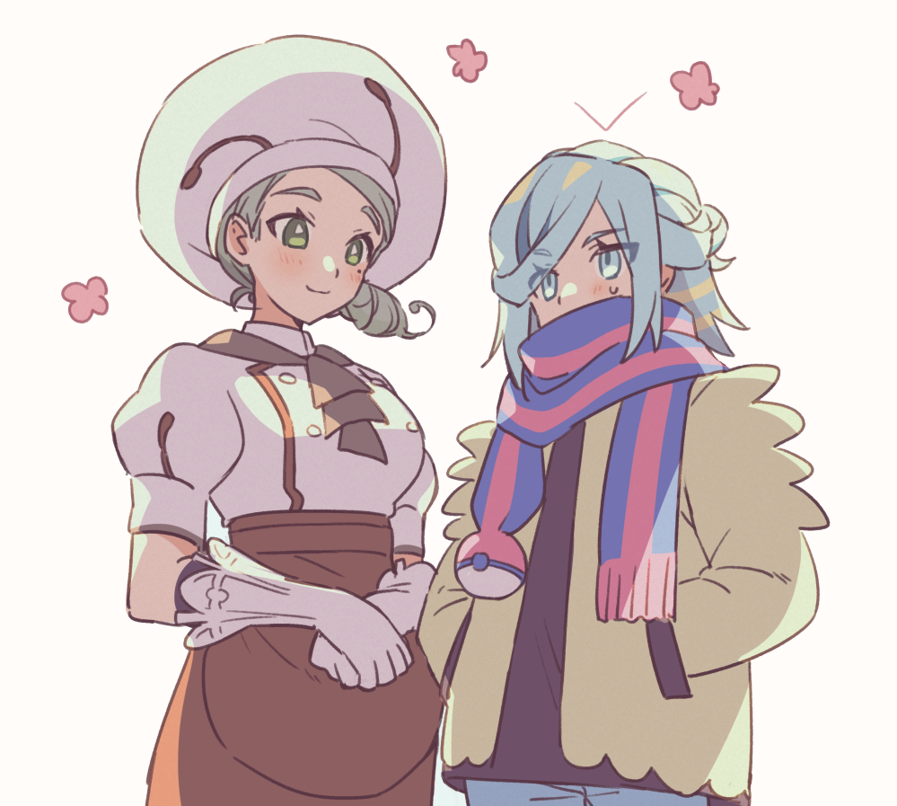 1boy, 1girl, apron, ascot, blue_eyes, blue_hair, blue_scarf, blush
