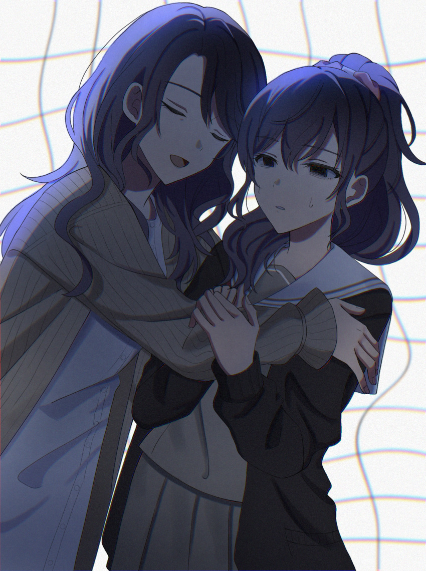 2girls, aose_(aose_pp), asahina_mafuyu, asahina_mafuyu's_mother, bags_under_eyes, black_eyes, cardigan, closed_eyes, dress, empty_eyes, grid_background, half-closed_eyes, highres, hug, long_hair, long_sleeves, mother_and_child, mother_and_daughter, multiple_girls, open_mouth, parent_and_child, parted_lips, pleated_skirt, ponytail, project_sekai, purple_hair, school_uniform, serafuku, skirt, smile, sweat