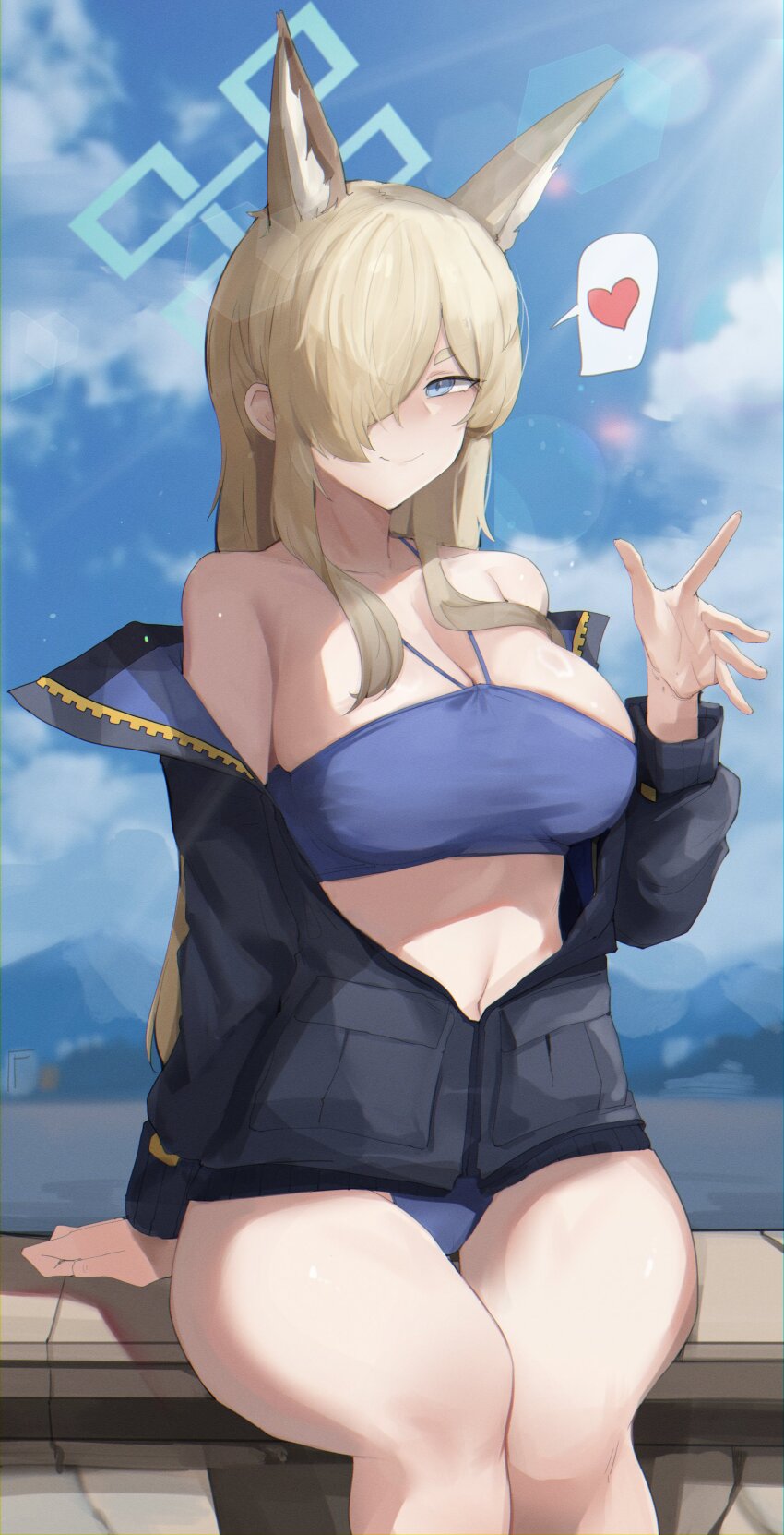 1girl, absurdres, animal_ears, blonde_hair, blue_archive, blue_eyes, breasts, cleavage