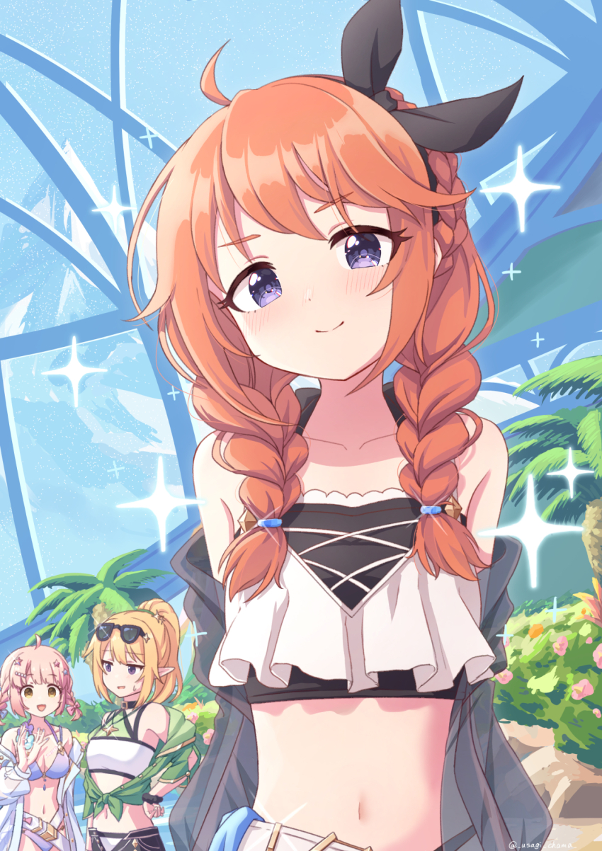 3girls, ahoge, arms_behind_back, bikini, bikini_under_clothes, black_bikini, black_hairband, black_headband