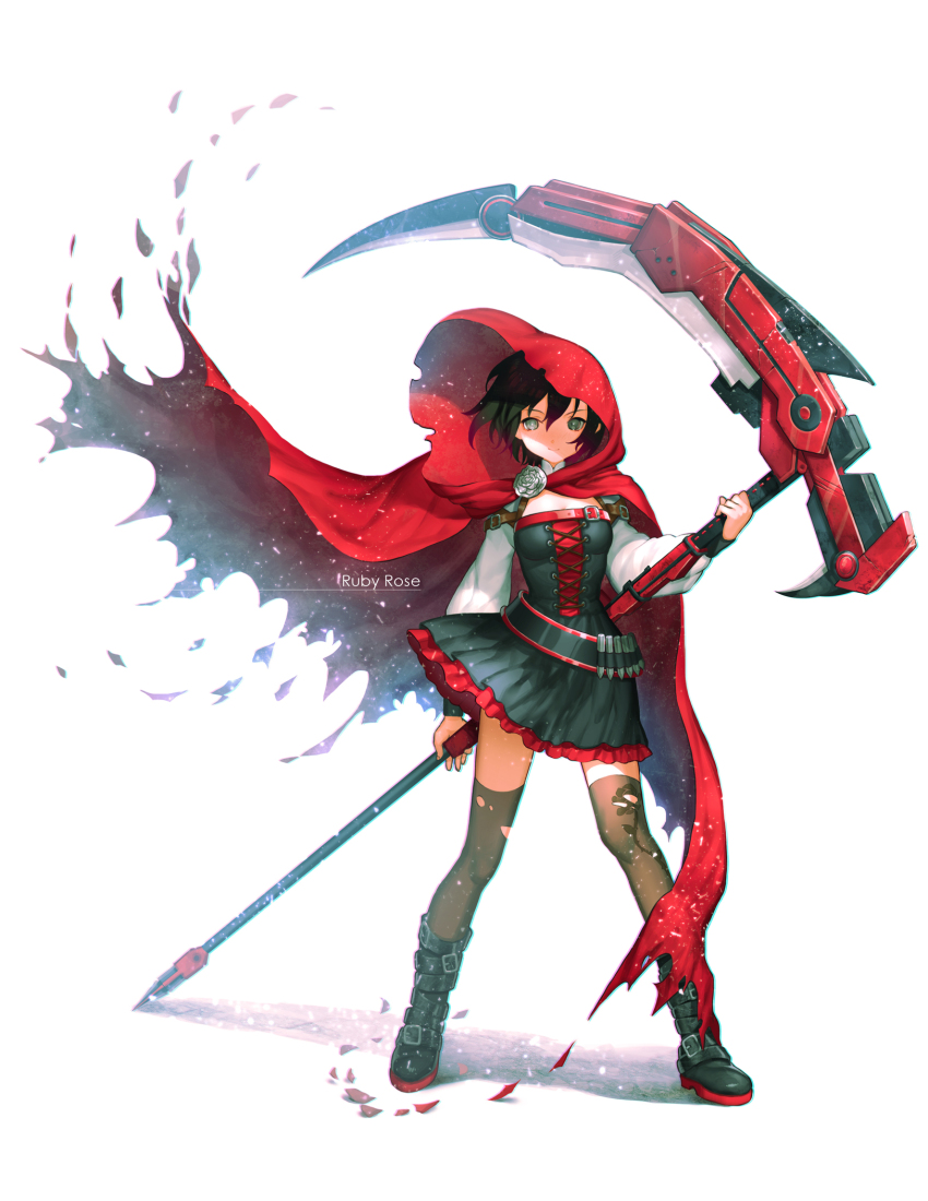 1girl, arm_belt, belt, belt_buckle, black_belt, black_boots, black_dress, black_hair, boots, breasts, brooch, brown_belt, buckle, character_name, chest_belt, cleavage, cloak, closed_mouth, commentary, cross-laced_clothes, cross-laced_dress, determined, dress, english_commentary, floating_cape, floating_clothes, flower, flower_brooch, frilled_dress, frills, green_eyes, grey_thighhighs, hair_between_eyes, highres, holding, holding_scythe, hood, hood_up, hooded_cloak, light_frown, light_particles, long_sleeves, looking_at_viewer, made_in_2018, magazine_(weapon), multiple_belts, pleated_skirt, puffy_long_sleeves, puffy_sleeves, red_belt, red_cloak, rose, ruby_rose, rwby, scythe, shoe_belt, short_dress, short_hair, simple_background, skirt, solo, standing, takenoko_(531), thighhighs, torn_cloak, torn_clothes, torn_thighhighs, v-shaped_eyebrows, white_background, white_flower, white_rose, white_sleeves