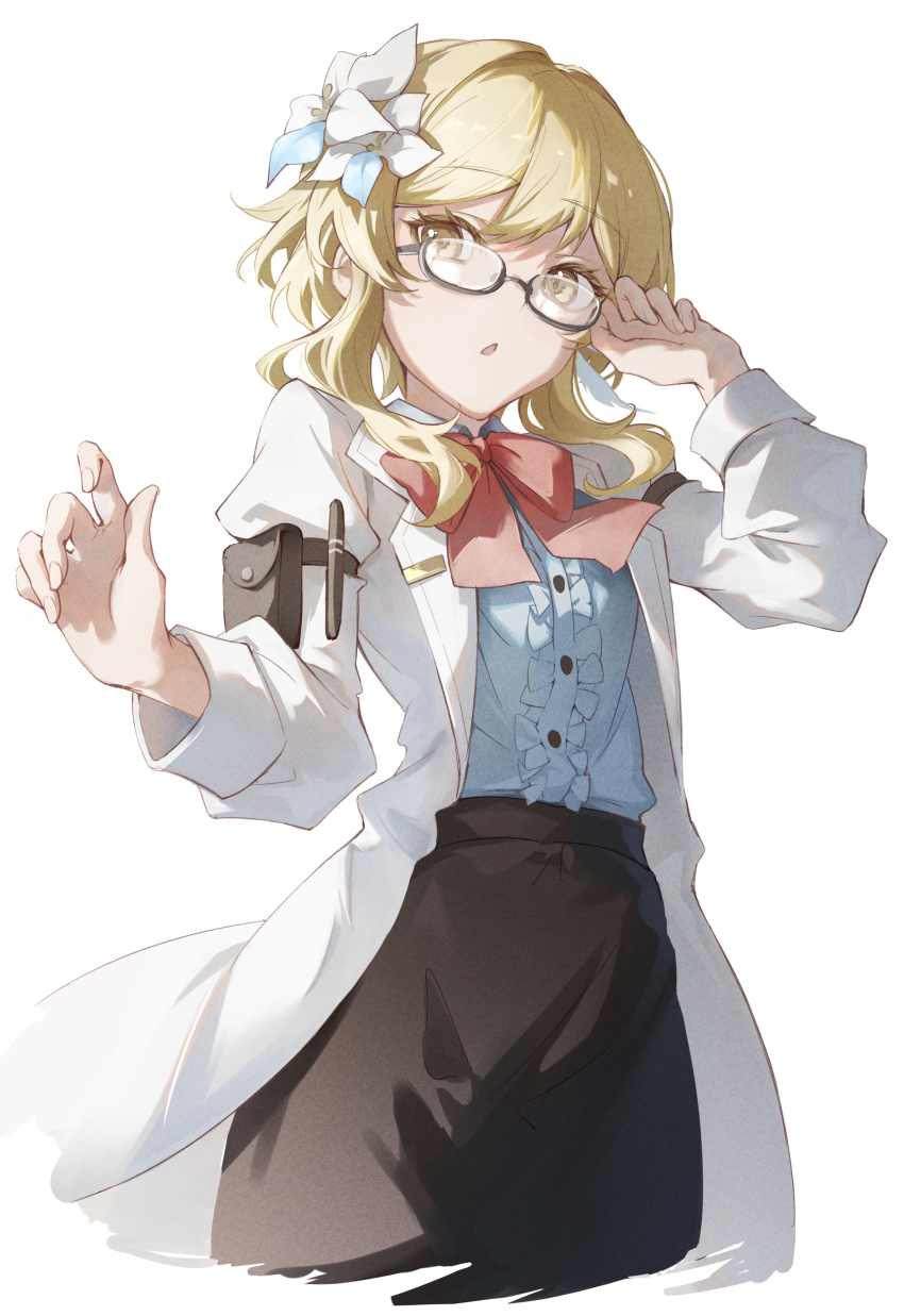 :o, absurdres, adjusting_eyewear, arm_pouch, black-framed_eyewear, blonde_hair, blue_shirt, bow