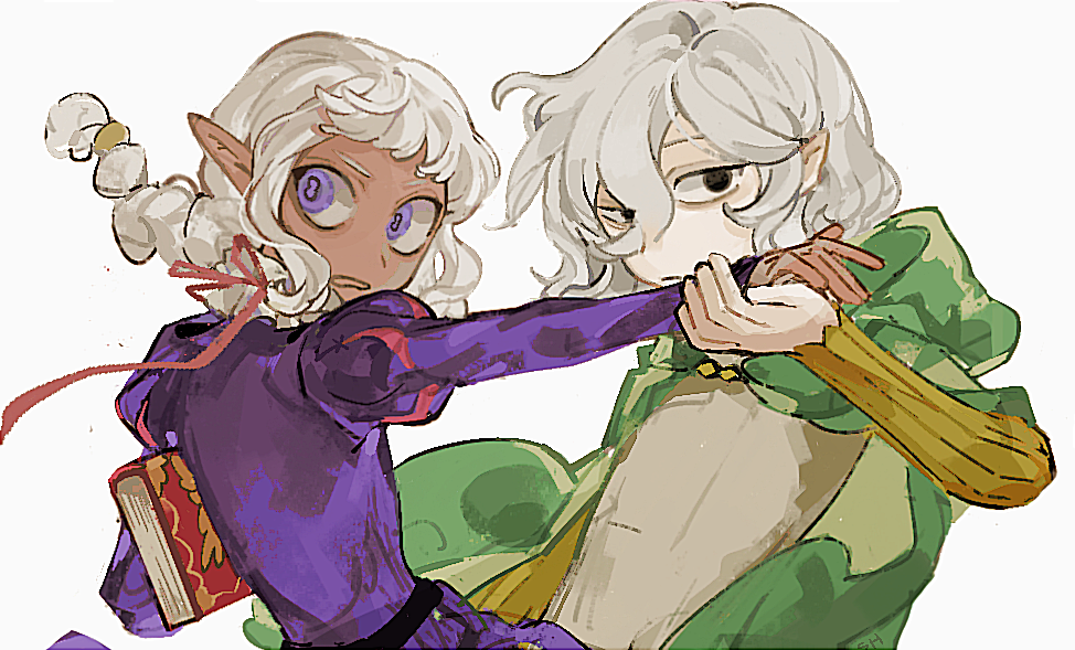 2boys, androgynous, bags_under_eyes, black_eyes, book, braid, braided_ponytail, cloak