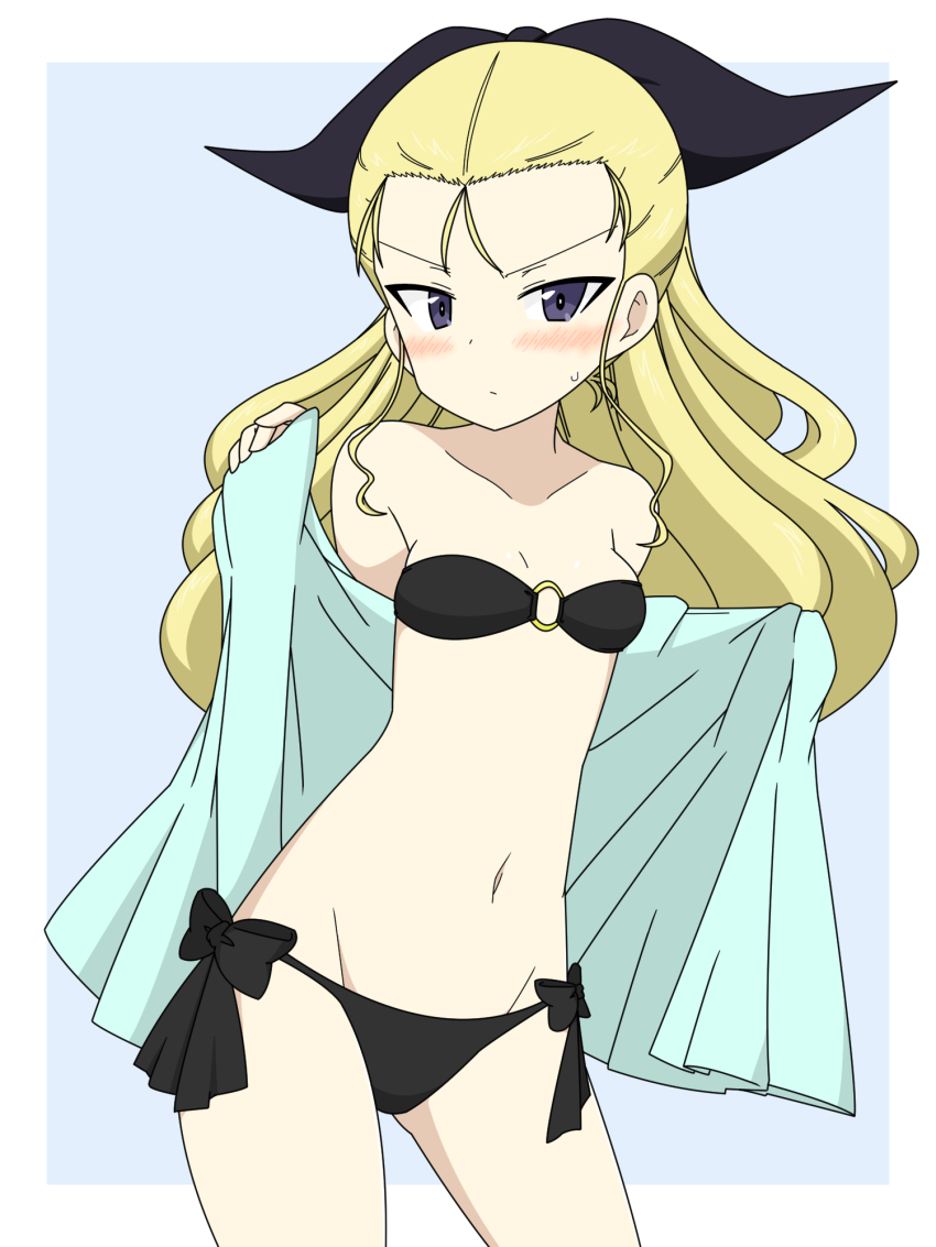 1girl, assam_(girls_und_panzer), bikini, black_bikini, black_ribbon, blonde_hair, blue_background, blue_eyes