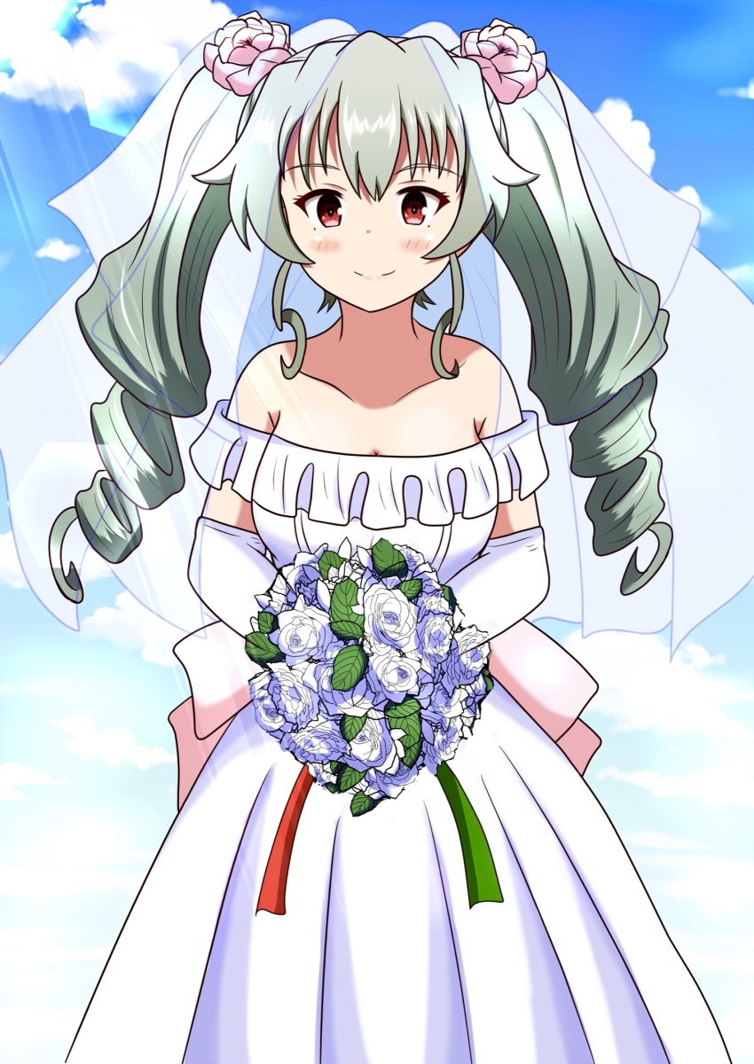 1girl, anchovy_(girls_und_panzer), back_bow, bare_shoulders, blue_sky, bouquet, bow, bridal_veil