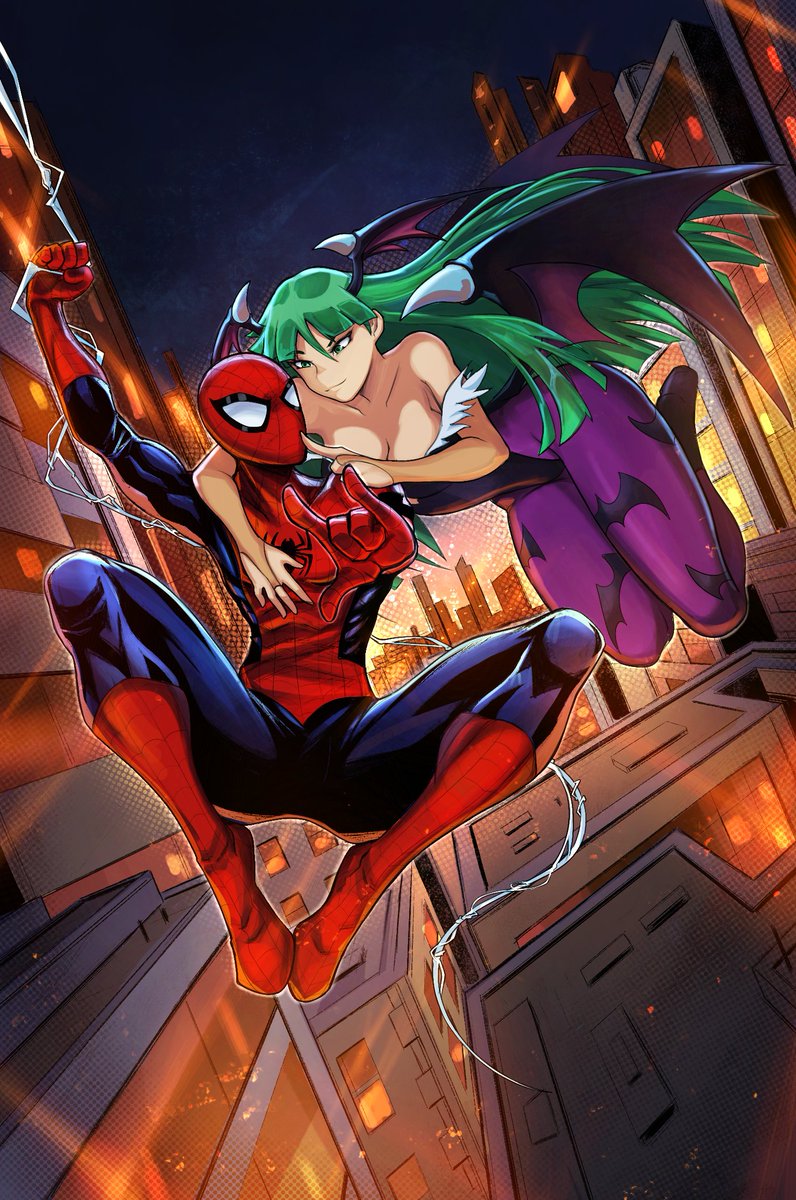 1boy, 1girl, alex_dos_diaz, animal_print, bare_shoulders, bat_print, black_leotard, breasts