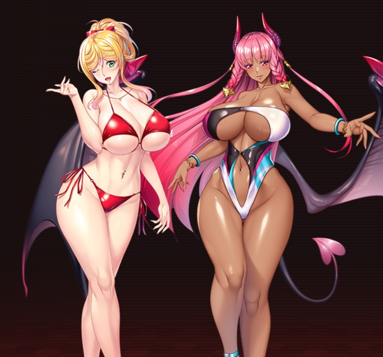 2girls, action_taimanin, alternate_costume, alternate_hairstyle, aoi_nagisa_(metalder), aqua_eyes, bikini, blonde_hair