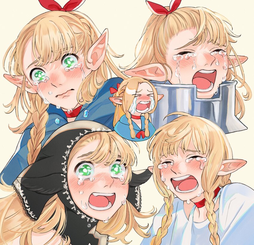 >_<, armor, asymmetrical_bangs, black_hood, blonde_hair, blue_capelet, braid, braided_sidelock