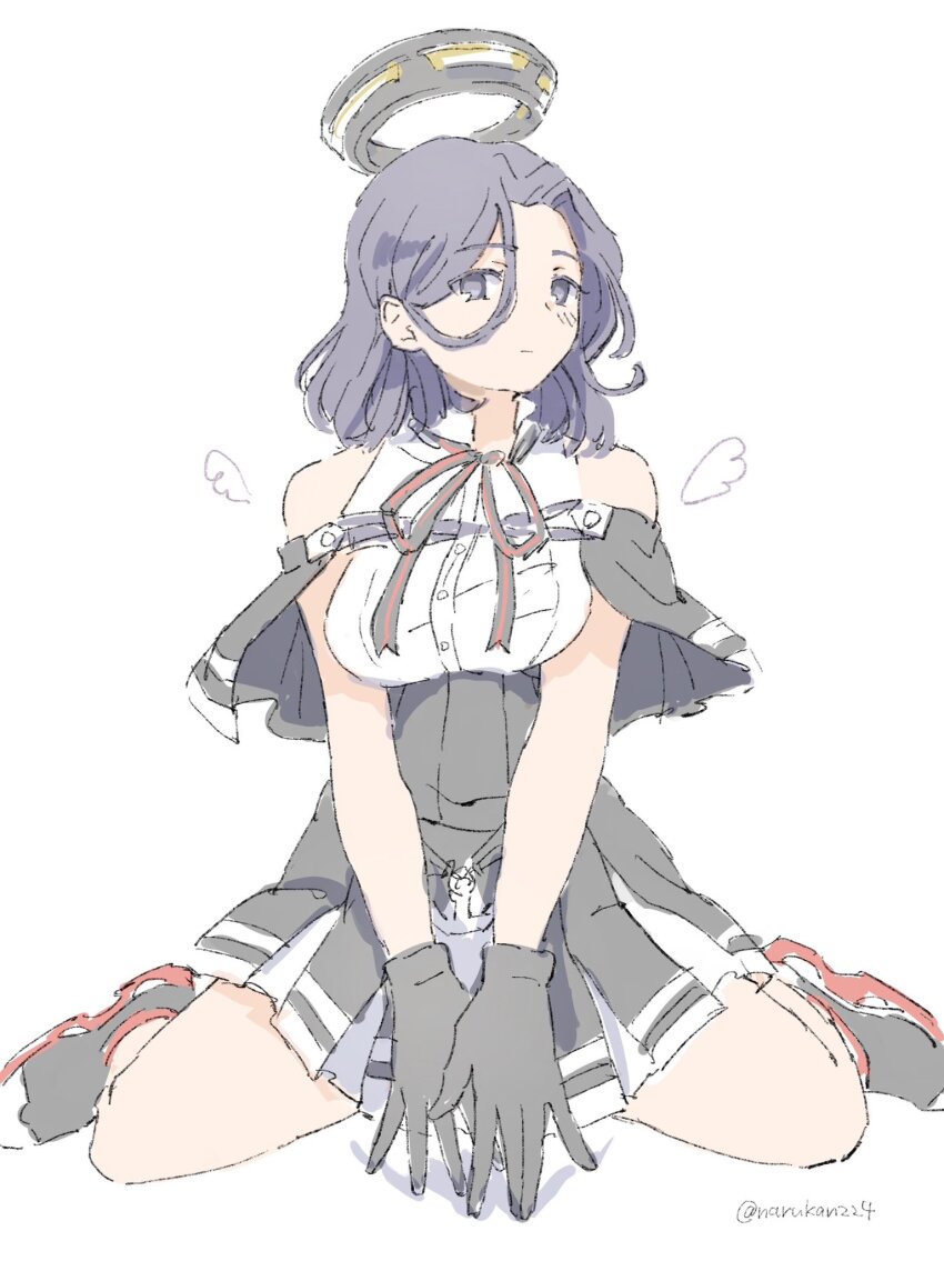 1girl, barefoot, black_cape, black_gloves, black_skirt, blush, breasts, cape, closed_mouth, drawn_wings, gloves, halo, high-waist_skirt, highres, kantai_collection, mechanical_halo, medium_breasts, medium_hair, narukan, neck_ribbon, one-hour_drawing_challenge, purple_eyes, purple_hair, ribbon, shirt, simple_background, sitting, skirt, sleeveless, sleeveless_shirt, solo, tatsuta_(kancolle), tatsuta_kai_ni_(kancolle), twitter_username, white_background, white_shirt