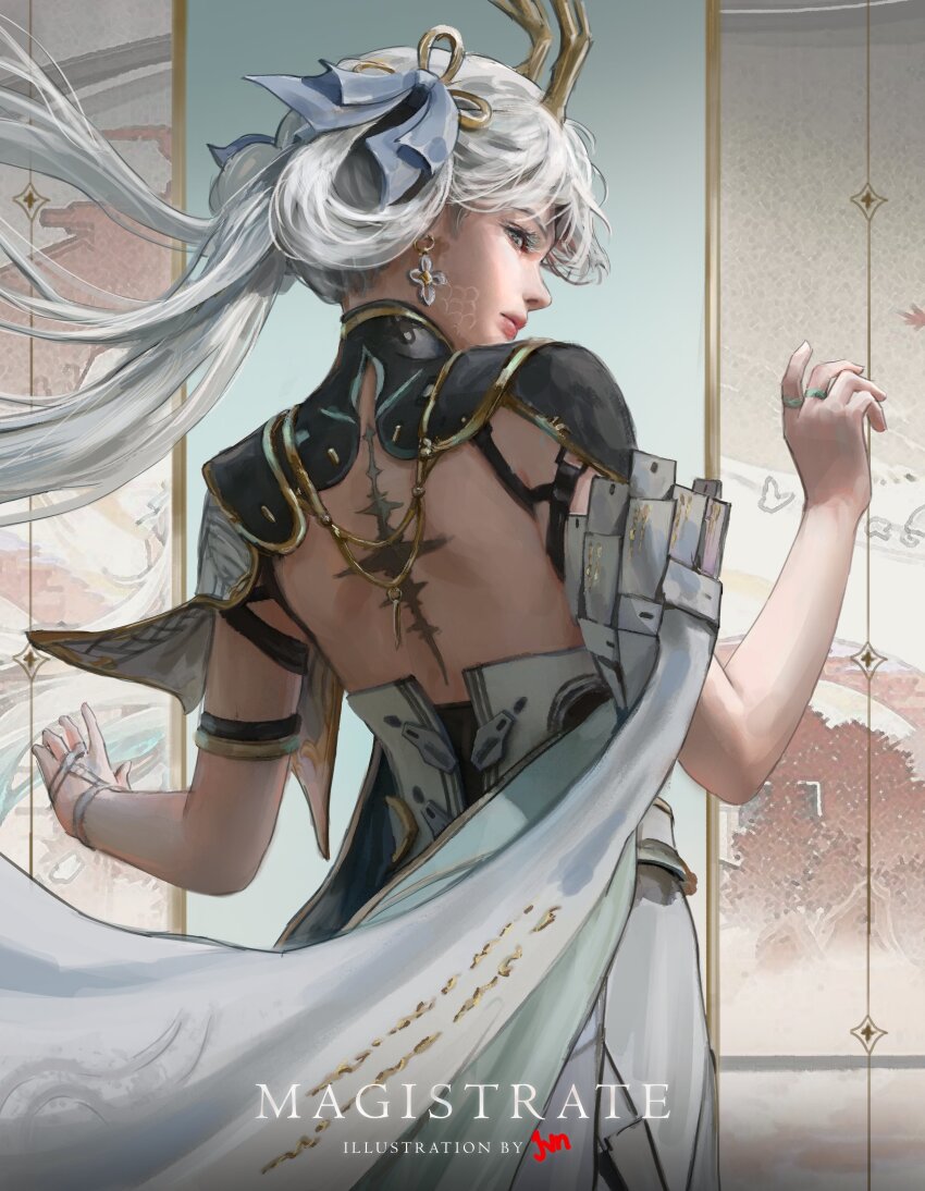 absurdres, architecture, backless_outfit, black_shrug, bow, closed_mouth, coat, colored_eyelashes