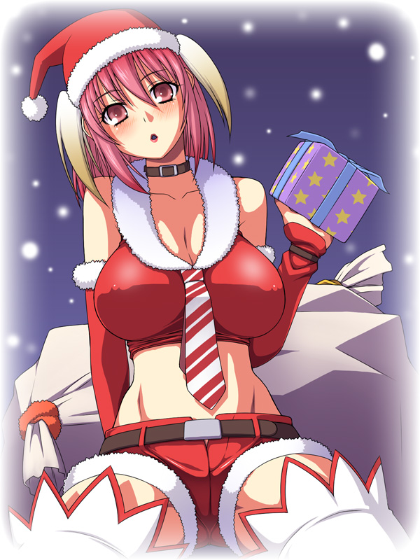 10s, 1girl, bad_id, bad_pixiv_id, blonde_hair, blush, breasts, christmas