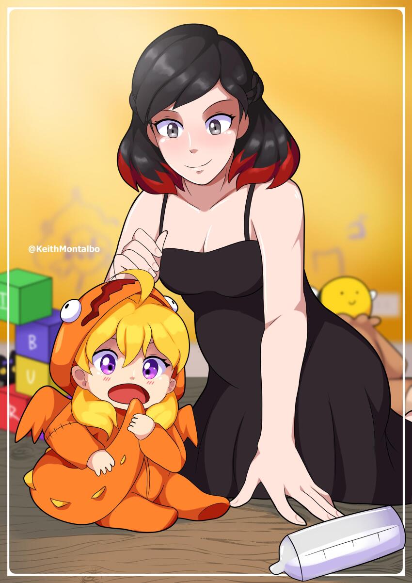 2girls, absurdres, age_difference, aged_down, ahoge, alphabet_blocks, bare_arms, black_dress, black_hair, blonde_hair, blush, bottle, breasts, child, cleavage, closed_mouth, collarbone, dress, facing_another, facing_viewer, full_body, gradient_hair, grey_eyes, hand_up, happy, highres, holding, holding_own_tail, hood, hood_up, keith_montalbo, long_hair, looking_at_another, looking_at_viewer, looking_down, medium_breasts, mother_and_child, mother_and_daughter, multicolored_hair, multiple_girls, onesie, open_mouth, parent_and_child, pregnant, purple_eyes, red_hair, rwby, short_hair, sitting, sleeveless, sleeveless_dress, smile, step-parent_and_step-child, summer_rose, tail, tongue, toy, wings, yang_xiao_long