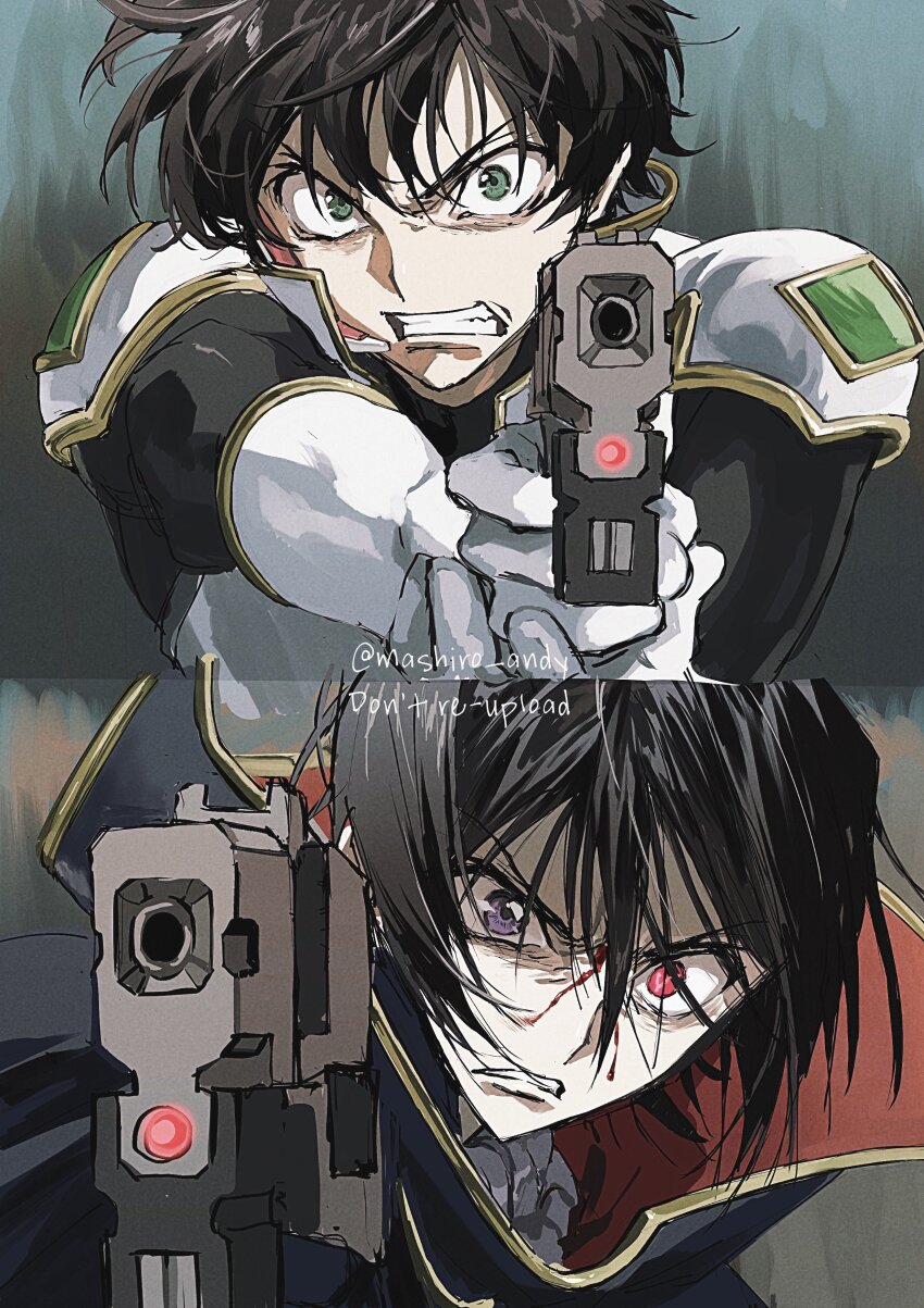 2boys, absurdres, black_cape, black_hair, blood, blood_on_face, cape, clenched_teeth, code_geass, english_text, geass, green_eyes, gun, hair_between_eyes, heterochromia, high_collar, highres, holding, holding_gun, holding_weapon, kururugi_suzaku, lelouch_vi_britannia, male_focus, mashiro_andy, multiple_boys, purple_eyes, red_eyes, shaded_face, teeth, twitter_username, upper_body, weapon