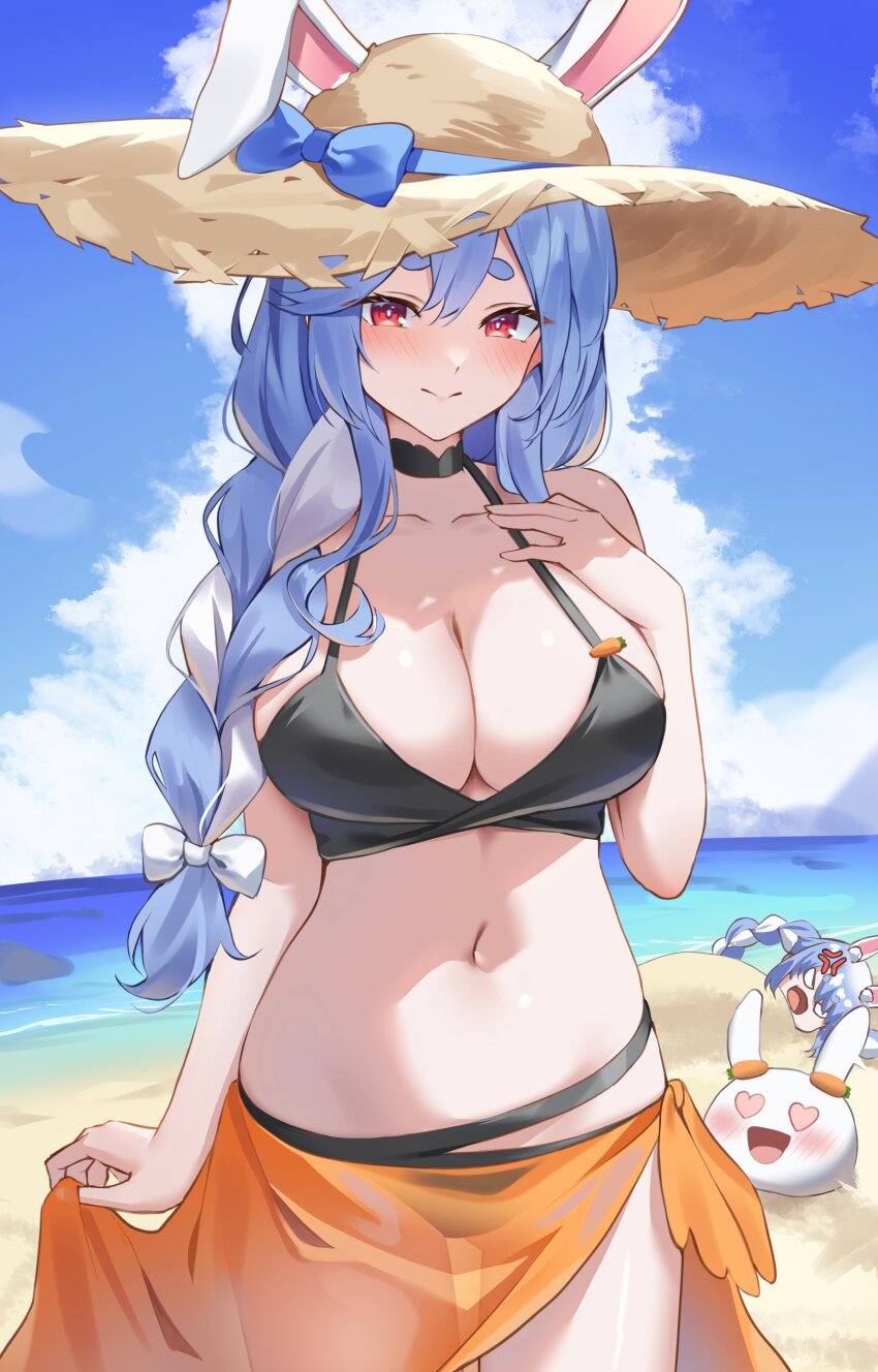 2girls, absurdres, anger_vein, animal_ears, bare_shoulders, beach, bikini, blue_hair, braid, braided_ponytail, breasts, buried, choker, cleavage, cowboy_shot, halterneck, hand_on_own_chest, hat, highres, hololive, large_breasts, long_hair, looking_at_viewer, looking_back, mature_female, mother_and_child, mother_and_daughter, multicolored_hair, multiple_girls, navel, ocean, orange_eyes, outdoors, parent_and_child, pekomama, pekomon_(usada_pekora), pendora1022, rabbit_ears, red_eyes, straw_hat, string_bikini, sun_hat, swimsuit, two-tone_hair, usada_pekora, virtual_youtuber, white_hair