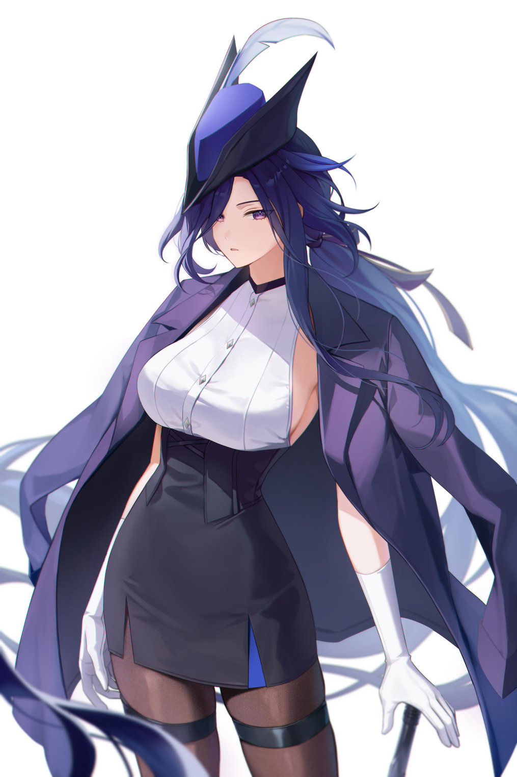 1girl, blazer, blue_hair, blurry, breasts, brown_pantyhose, clorinde_(genshin_impact), depth_of_field