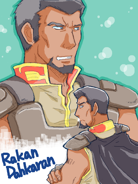 1boy, armor, beard, black_hair, cape, character_name, commentary_request, dark_skin, dual_persona, facial_hair, gundam, gundam_zz, looking_back, looking_to_the_side, lupinus3, manly, military, military_uniform, multiple_views, muscular, muscular_male, neo_zeon, oekaki, rakan_dahkaran, science_fiction, short_hair, shoulder_armor, upper_body, vest