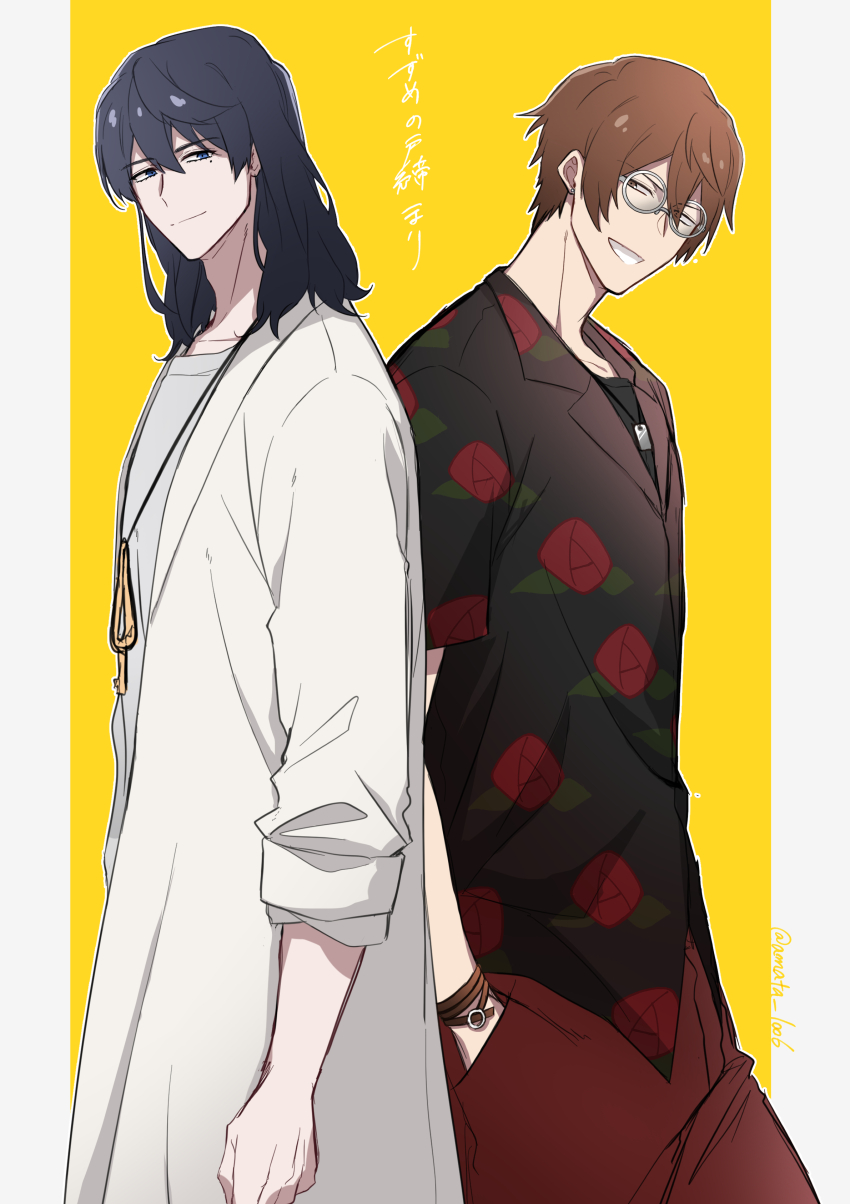 2boys, absurdres, amata1006, arms_at_sides, back-to-back, black_hair, black_shirt, blue_eyes