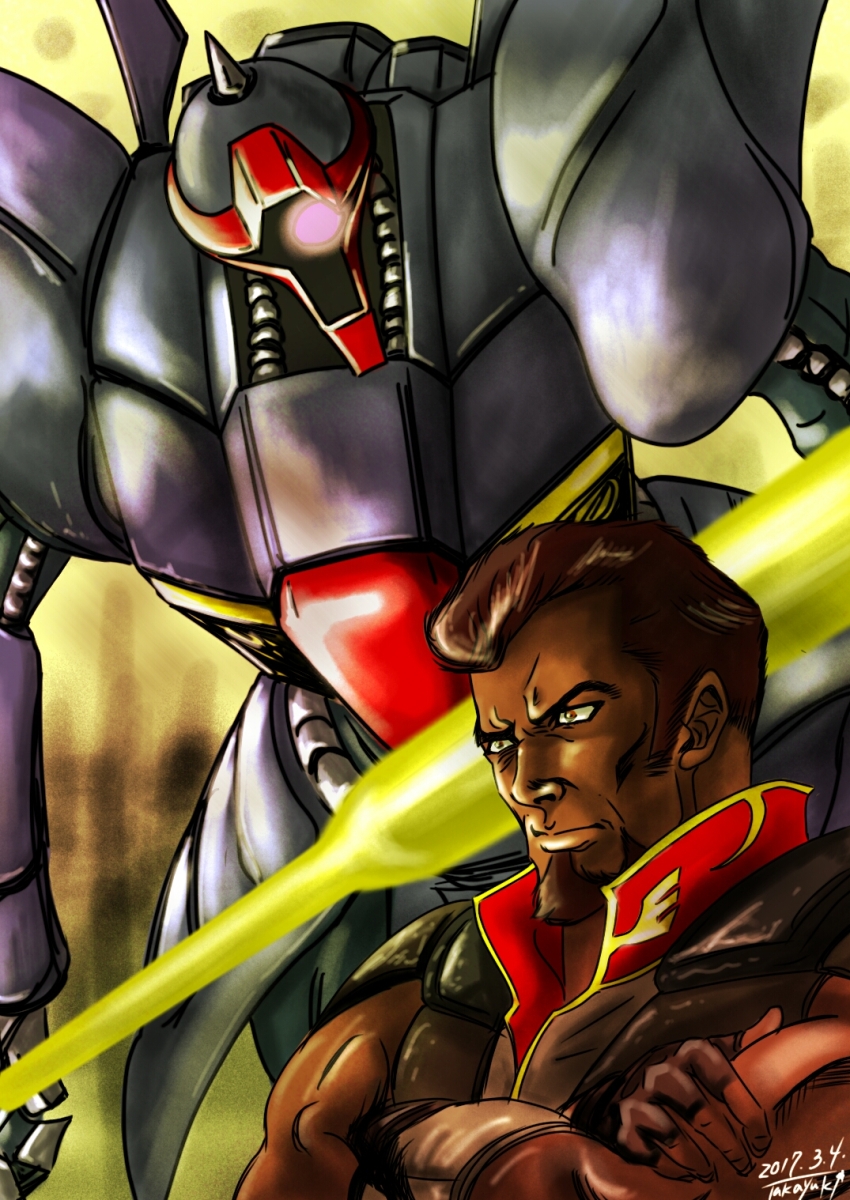 1boy, beam_axe, beard, commentary_request, crossed_arms, dark_skin, dreissen, facial_hair