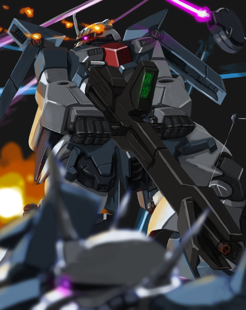 battle, beam_cannon, blurry, blurry_foreground, commentary_request, energy_beam, explosion, gundam, gundam_zz, highres, mecha, mobile_suit, neo_zeon, no_humans, one-eyed, rakan_dahkaran, robot, science_fiction, space, yoyo1/3, zaku, zaku_iii