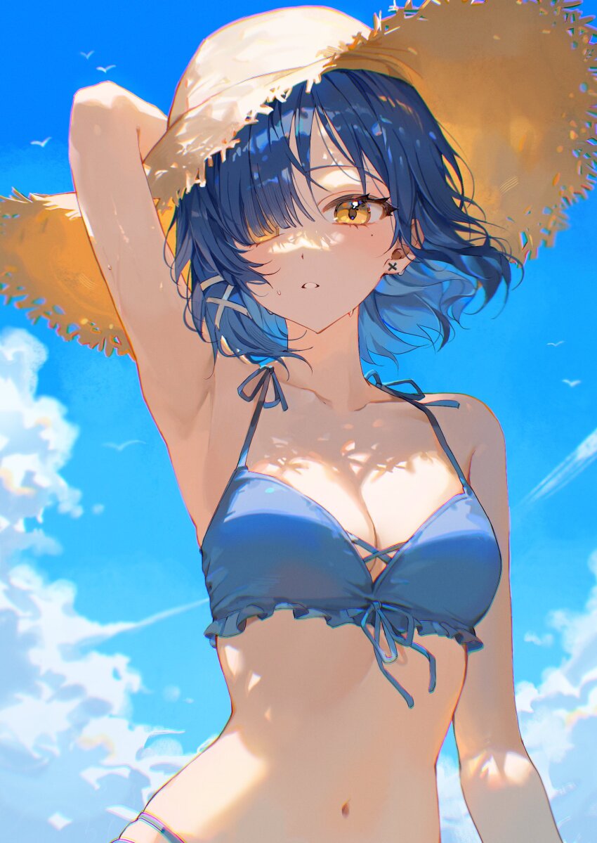 1girl, absurdres, arm_behind_head, arm_up, armpits, bikini, bird, blue_bikini