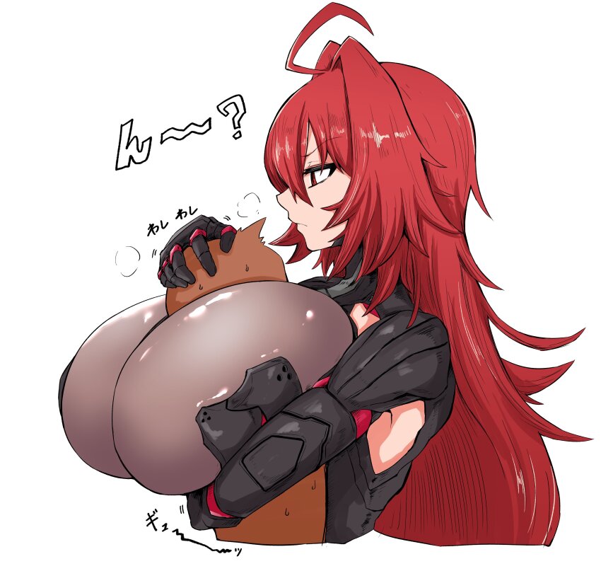 1girl, absurdres, ahoge, between_breasts, breasts, doradora_uhouho, goddess_of_victory:_nikke, highres, hug, huge_breasts, long_hair, nihilister_(nikke), red_hair, tkool_man
