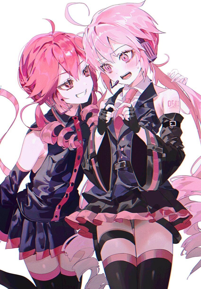 2girls, ahoge, bare_shoulders, black_shirt, black_thighhighs, blush, bow, collared_shirt