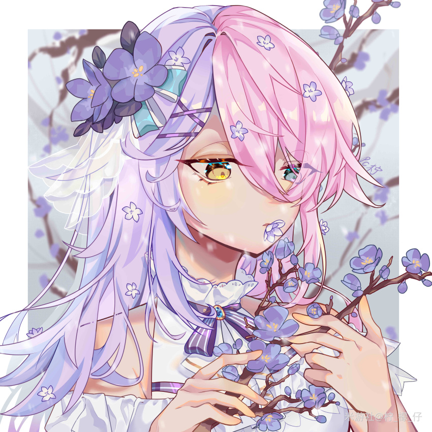 1girl, absurdres, honkai_gakuen, blue_eyes, border, cherry_blossoms, closed_mouth, dress