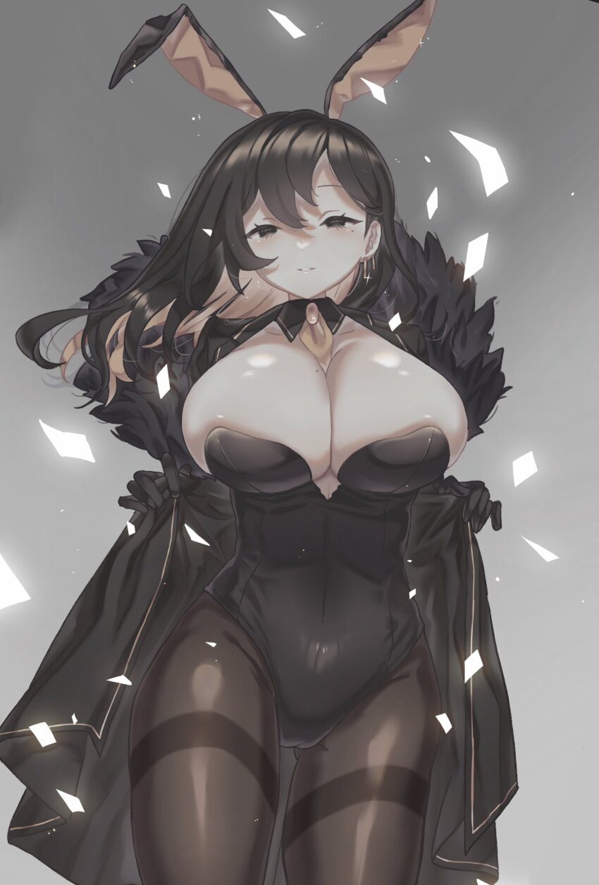1girl, alternate_breast_size_(larger), animal_ears, binah_(project_moon), black_cape, black_eyes, black_gloves, black_hair, black_leotard, blonde_hair, breasts, cameltoe, cape, colored_inner_hair, cowboy_shot, earrings, ee_extension_02, gloves, highres, huge_breasts, jewelry, leotard, library_of_ruina, long_hair, looking_at_viewer, multicolored_hair, pantyhose, parted_lips, playboy_bunny, project_moon, rabbit_ears, solo