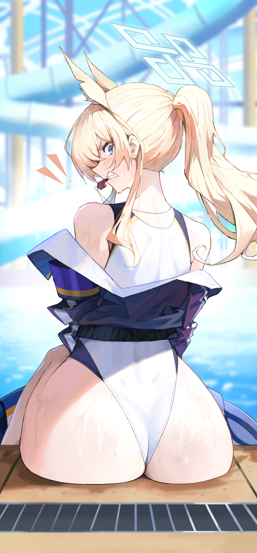 1-5iro, 1girl, absurdres, angry, animal_ears, ass, blonde_hair, blue_archive, blue_eyes, blue_halo, blue_jacket, blush, clenched_teeth, competition_swimsuit, day, deep_skin, dog_ears, extra_ears, frown, halo, highres, huge_ass, jacket, kanna_(blue_archive), kanna_(swimsuit)_(blue_archive), long_hair, looking_at_viewer, looking_back, official_alternate_costume, one-piece_swimsuit, outdoors, ponytail, pool, sharp_teeth, sitting, skindentation, sleeveless, solo, swimsuit, teeth, wet, whistle, whistle_around_neck, white_one-piece_swimsuit