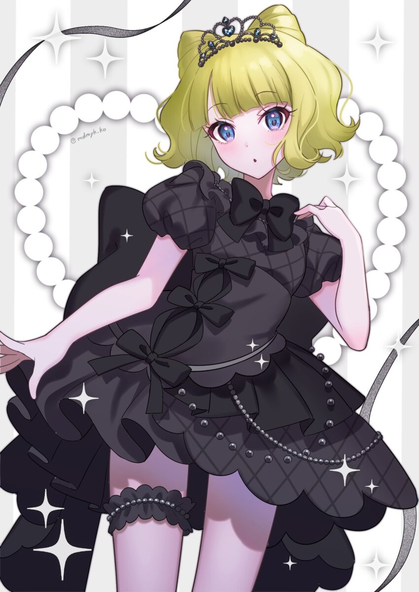 1girl, :o, black_bow, black_dress, blonde_hair, blue_eyes, blunt_bangs, blush