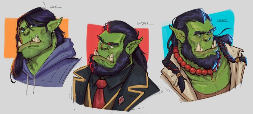 1boy, absurdres, alternate_costume, alternate_facial_hair, alternate_hairstyle, bara, beard, beard_stubble, black_hair, cheekbones, collage, colored_skin, cropped_shoulders, facial_hair, frown, full_beard, green_skin, highres, long_hair, looking_at_viewer, mature_male, mneves_art, monster_boy, muscular, muscular_male, orc, pectoral_cleavage, pectorals, pointy_ears, ponytail, smile, stubble, thick_beard, thick_eyebrows, thrall, tusks, warcraft