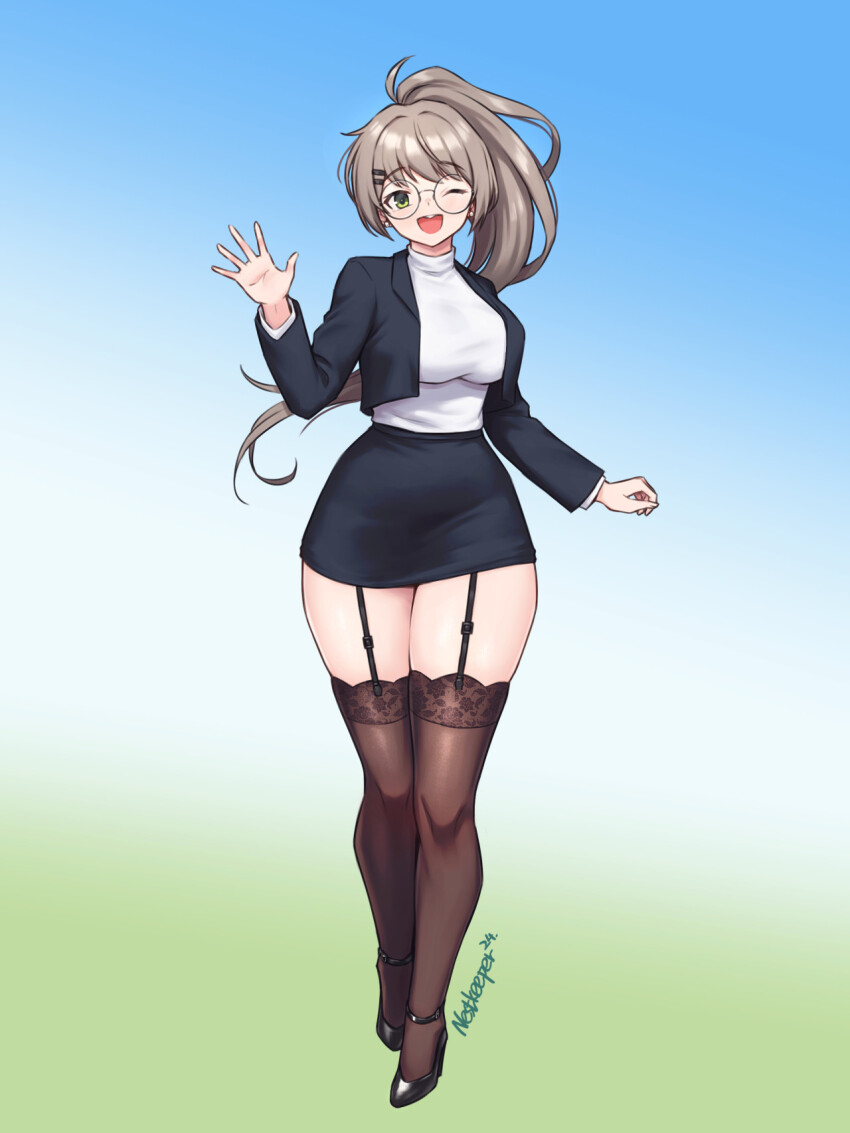 1girl, bespectacled, black_footwear, black_garter_straps, black_jacket, black_skirt, breasts, brown_thighhighs