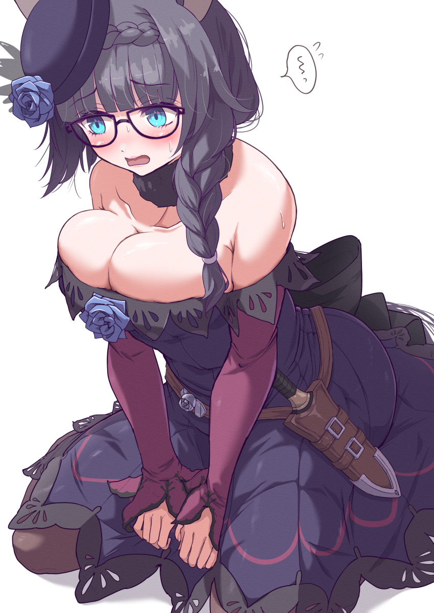 1girl, absurdres, animal_ears, bare_shoulders, between_legs, black-framed_eyewear, black_dress, black_ribbon