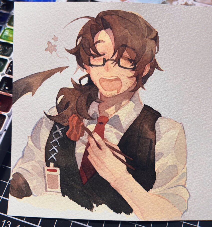 1boy, arthropod_limbs, beard_stubble, black_vest, chopsticks, chuyhalfmoon, closed_eyes, collared_shirt, facial_hair, glasses, gregor_(project_moon), happy, highres, holding, holding_chopsticks, limbus_company, long_sleeves, necktie, open_mouth, painting_(medium), project_moon, red_necktie, shirt, simple_background, smile, solo, stubble, traditional_media, vest, watercolor_(medium), white_background, white_shirt