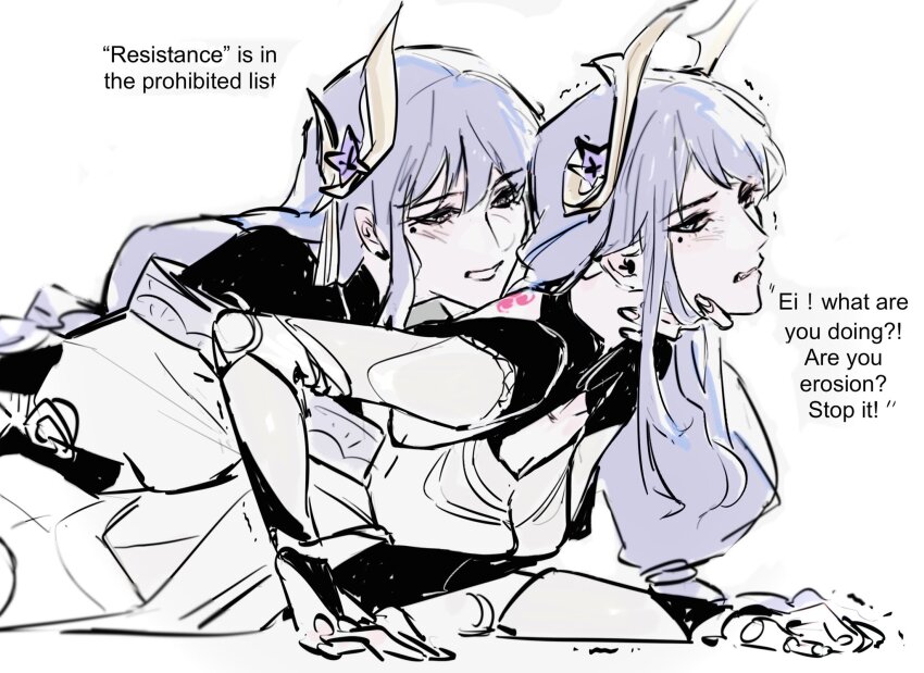 2girls, behind_another, blunt_bangs, blush, braid, breasts, cleavage, clenched_teeth