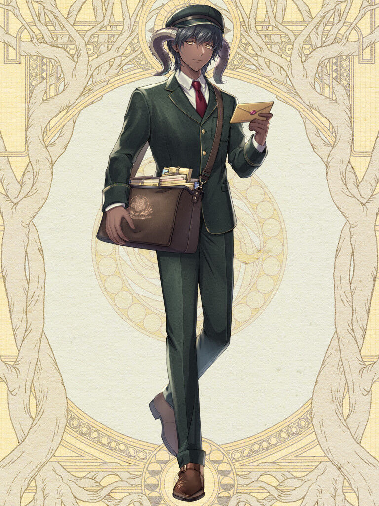 1boy, brown_footwear, dairoku_ryouhei, dark-skinned_male, dark_skin, envelope, formal_clothes, green_hat