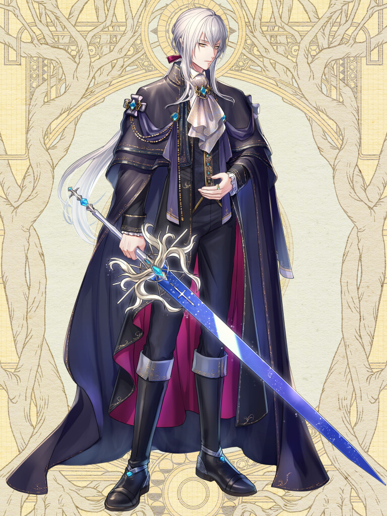 1boy, ascot, black_cape, black_footwear, black_pants, black_vest, blue_gem, cape