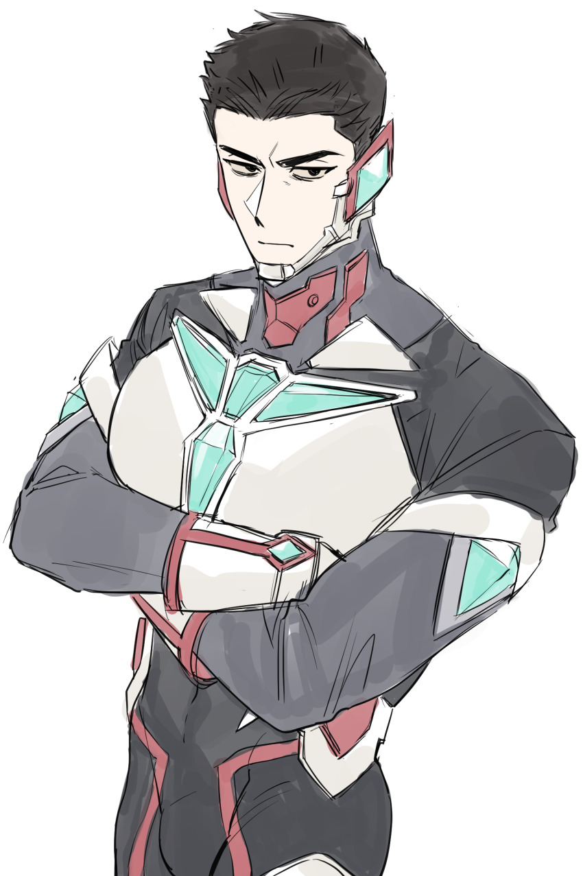 1boy, ao_isami, bara, black_hair, bodysuit, bulge, cowboy_shot, crossed_arms