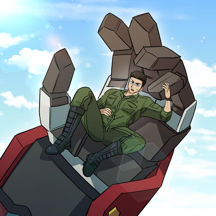 2boys, ao_isami, bara, black_hair, bravern, couple, day, facial_hair, full_body, gonggye_hs, highres, in_palm, jumpsuit, large_pectorals, male_focus, multiple_boys, muscular, muscular_male, pectorals, robot, sideburns_stubble, spread_legs, stubble, sunlight, thick_eyebrows, thighs, turn_pale, yaoi, yuuki_bakuhatsu_bang_bravern