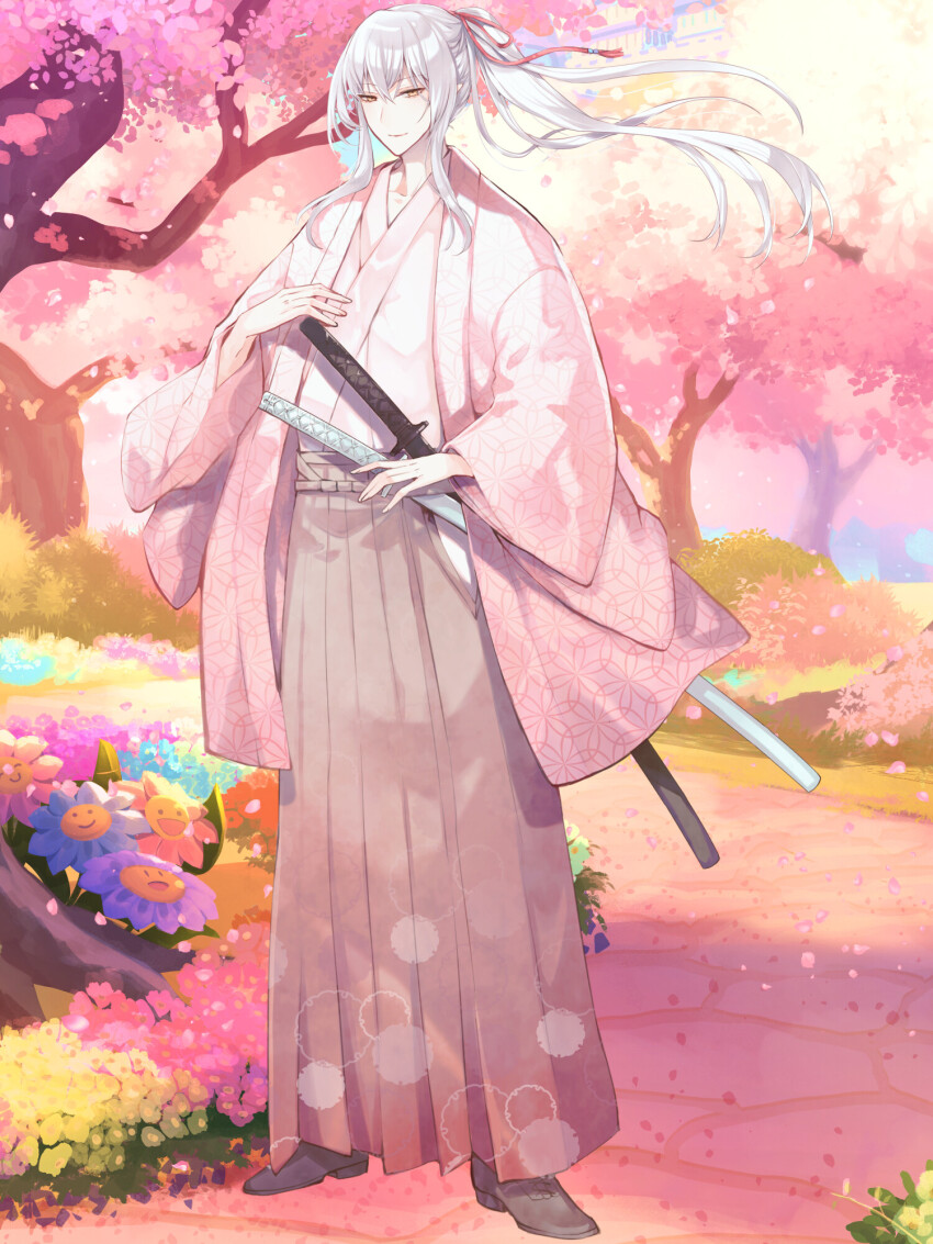 1boy, bishounen, clona, dairoku_ryouhei, day, flower, full_body, hakama, hal_ewigskeicht, highres, japanese_clothes, kimono, long_hair, male_focus, outdoors, pink_kimono, sheath, sheathed, sidelocks, solo, standing, white_hair, yellow_eyes