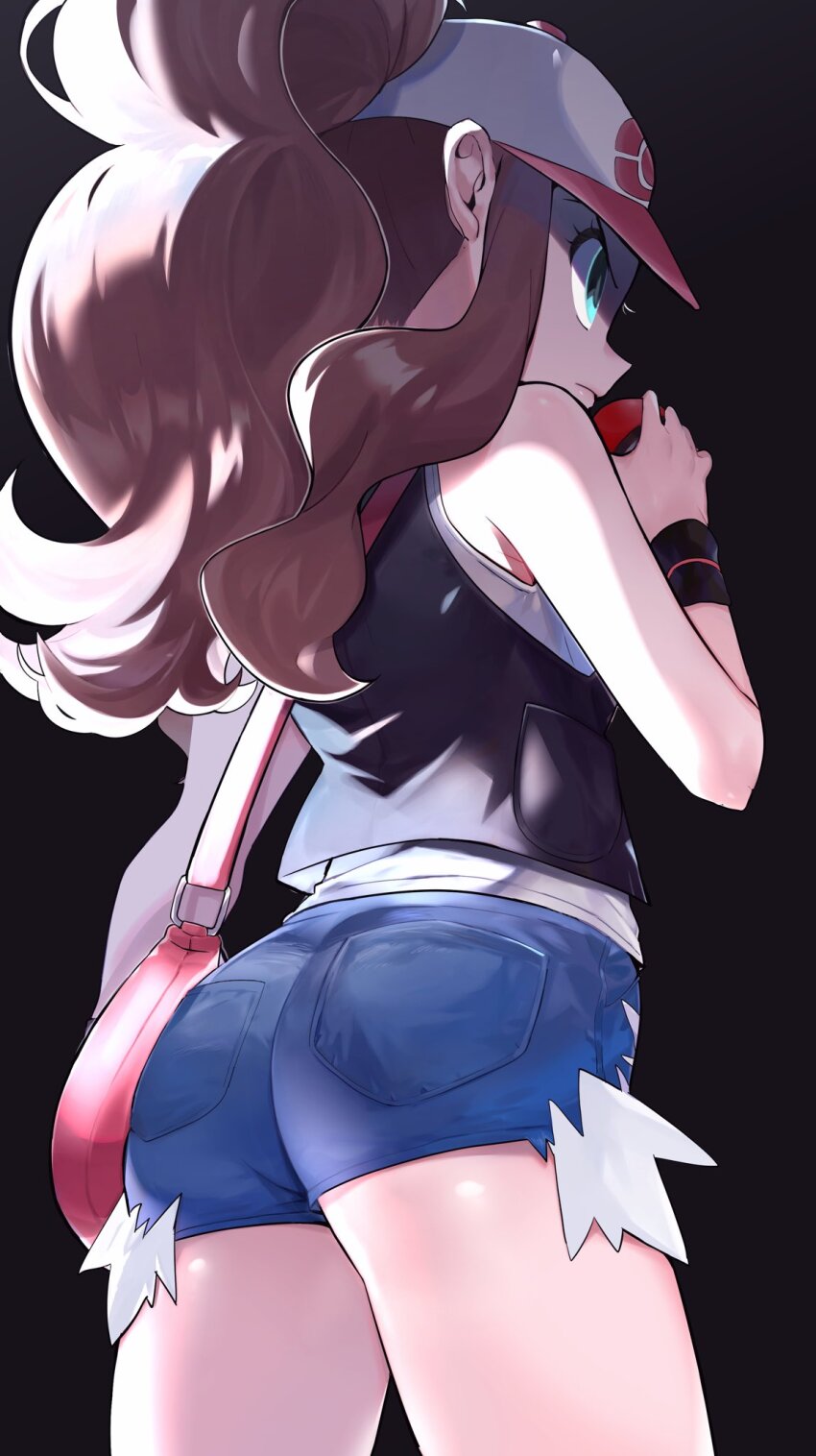 1girl, abe_(kumayu), ass, black_background, black_vest, blue_eyes, blue_shorts, breasts, brown_hair, commentary_request, cowboy_shot, denim, denim_shorts, from_behind, hat, high_ponytail, highres, hilda_(pokemon), holding, holding_poke_ball, long_hair, medium_breasts, nintendo, poke_ball, pokemon, pokemon_black_and_white, ponytail, serious, shirt, short_shorts, shorts, sideboob, simple_background, sleeveless, sleeveless_shirt, vest, white_hat, white_shirt