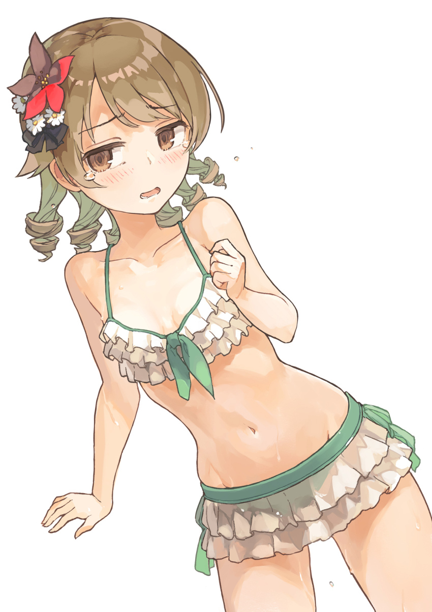 1girl, bare_shoulders, bikini, bikini_skirt, black_ribbon, blush, bow, bow_bikini