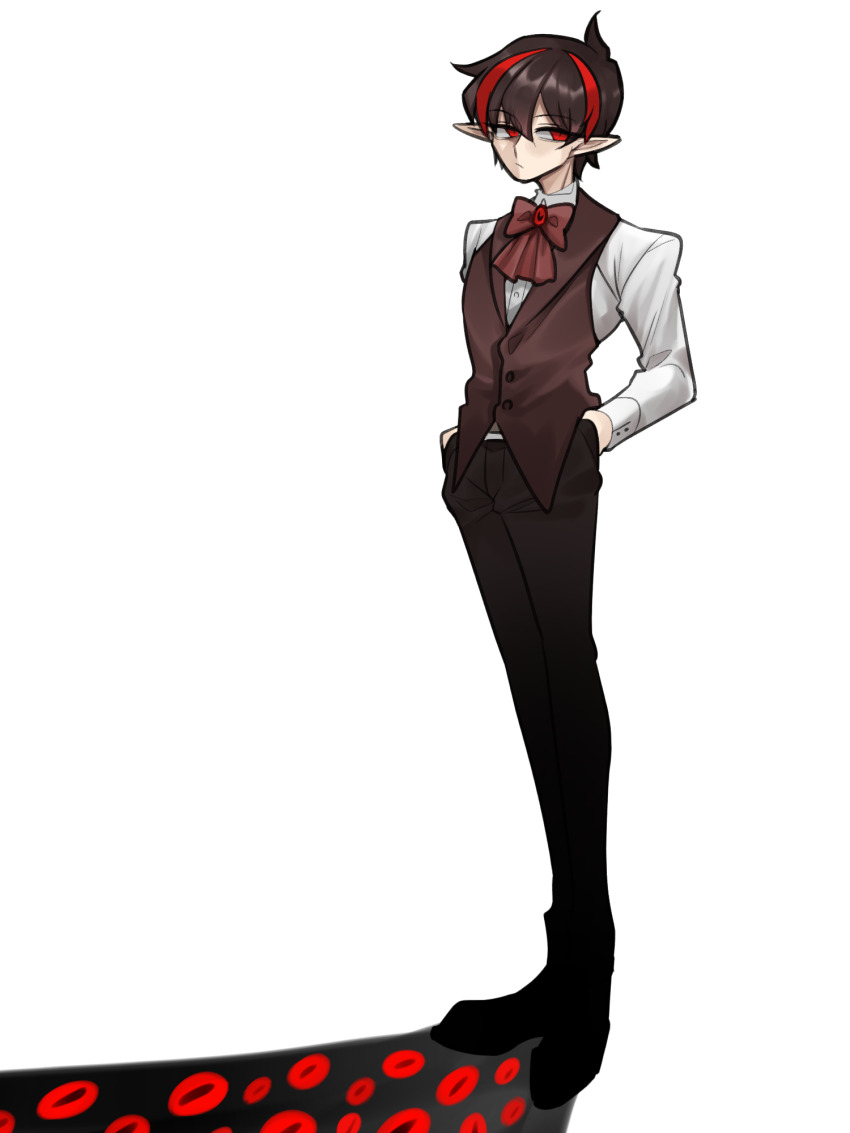 1boy, 69_ronku, ascot, bad_id, bad_pixiv_id, black_hair, black_pants, collared_shirt
