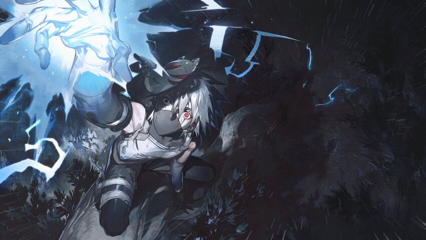 aged_down, anbu, attack_trail, chidori_(naruto), electricity, electrokinesis, foreshortening, from_above