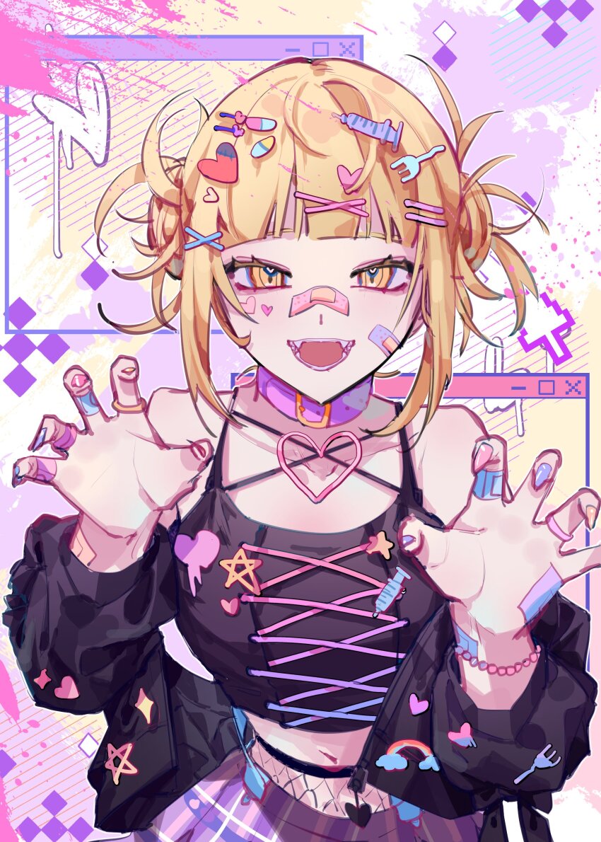 1girl, absurdres, bandaid, bandaid_on_face, bandaid_on_nose, black_jacket, black_shirt, blonde_hair, blood, blunt_bangs, blush, boku_no_hero_academia, crop_top, double_bun, fangs, hair_bun, hair_ornament, hairclip, highres, jacket, long_sleeves, looking_at_viewer, messy_hair, nb_66, open_mouth, shirt, simple_background, skirt, solo, toga_himiko, x_hair_ornament, yellow_eyes
