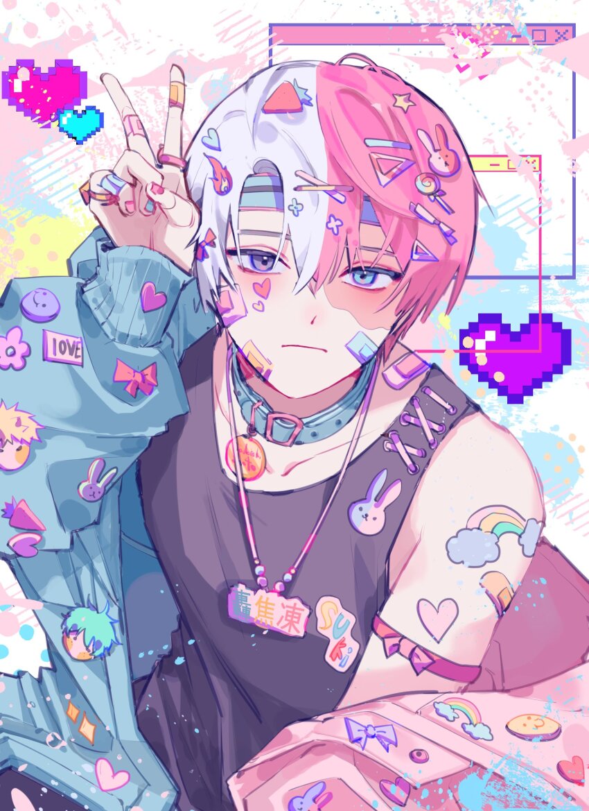 1boy, bakugou_katsuki, black_tank_top, blue_jacket, boku_no_hero_academia, burn_scar, closed_mouth, hair_ornament, hairclip, heart, heterochromia, highres, jacket, looking_at_viewer, male_focus, midoriya_izuku, multicolored_hair, nb_66, red_hair, scar, scar_on_face, short_hair, solo, split-color_hair, sweater_jacket, tank_top, todoroki_shoto, two-tone_hair, v, white_hair, x_hair_ornament